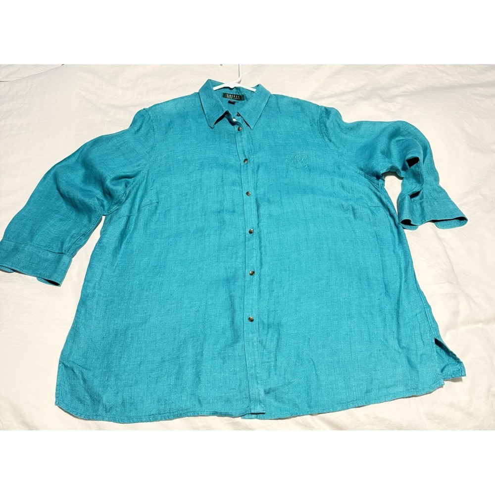 Lauren Ralph Lauren 100% Linen Shirt 2XL Turquoise Teal Monogram